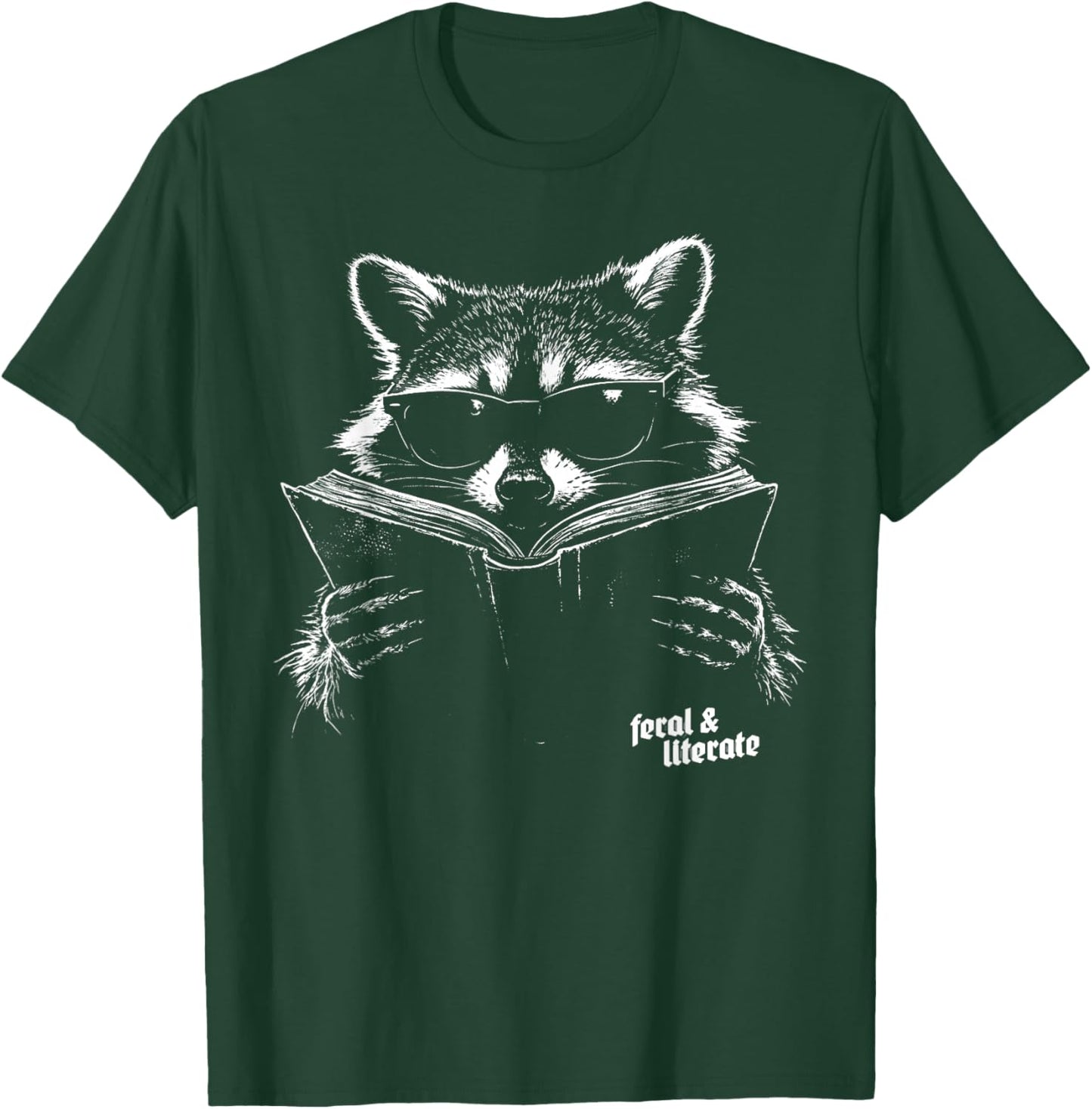 Feral and Literate Funny Raccoon Reading Book Nerd Graphic T-Shirt - T-Shirt | Forest