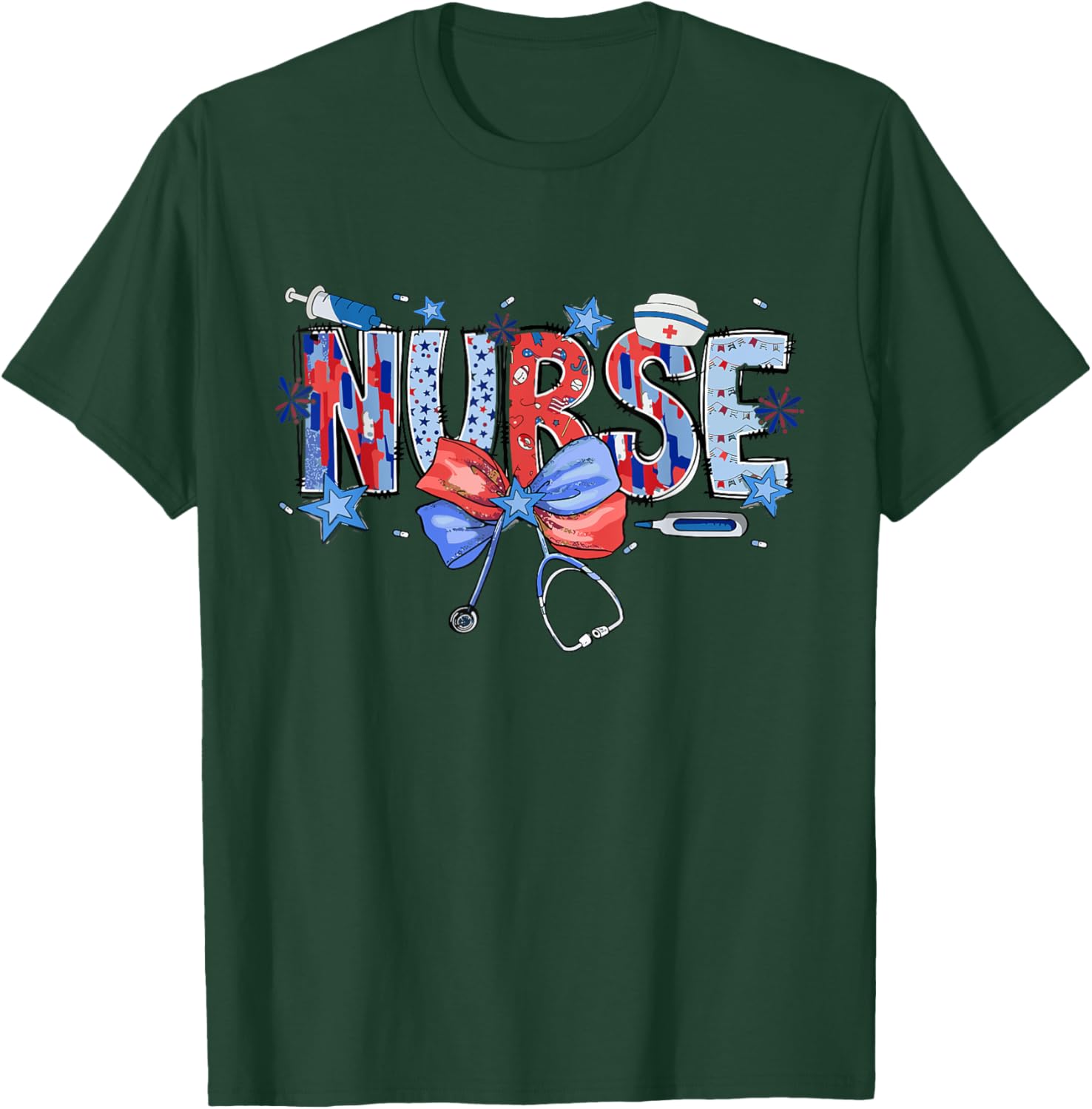 4th of July Nurse American Flag Fourth Of July Nurse T-Shirt - T-Shirt | Forest