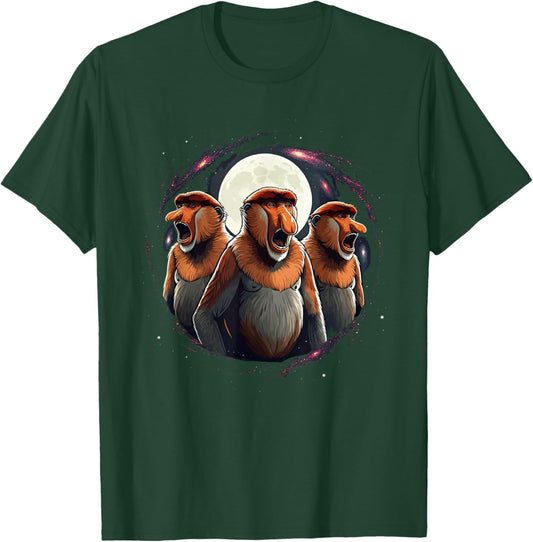 3 Proboscis Monkeys Moon Howling Funny Meme Men Women Kids T-Shirt - T-Shirt | Forest