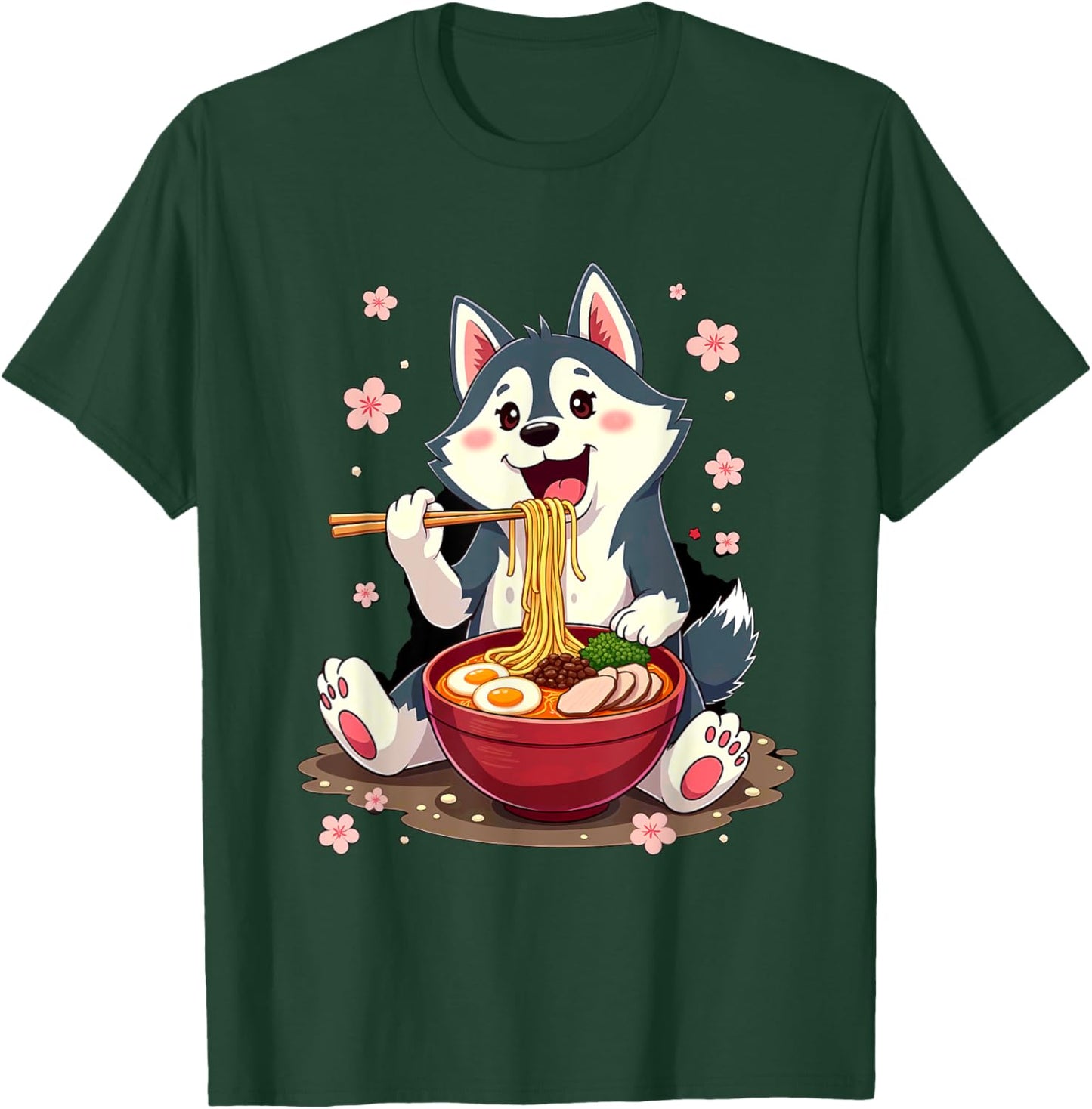 Otaku Husky Dog Ramen Noodles -Adult Anime Manga Kawaii Husky Dog Eating Ramen Black Small Classic Fit Short Sleeve Cotton Blend Machine Wash T-Shirt - T-Shirt | Forest