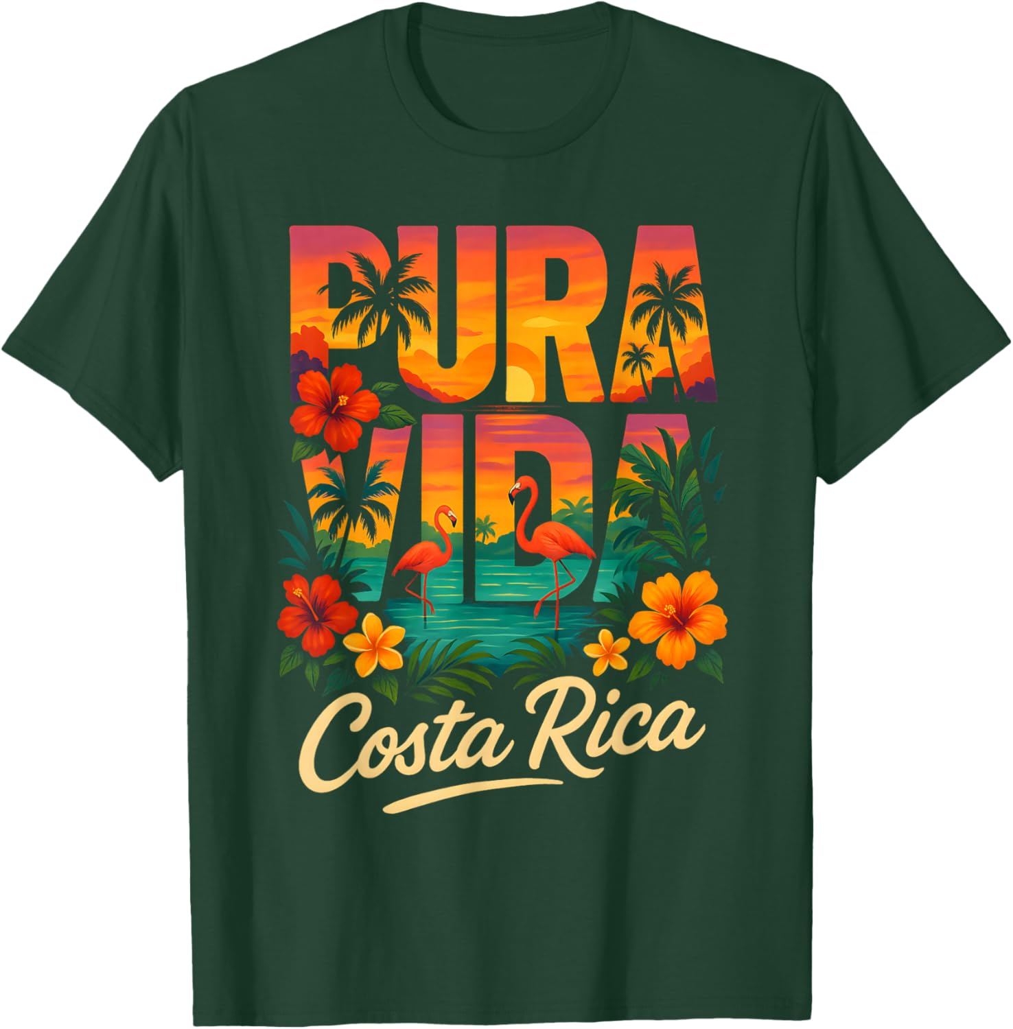 Pura Vida Costa Rica Sunset Flamingos T-Shirt - T-Shirt | Forest