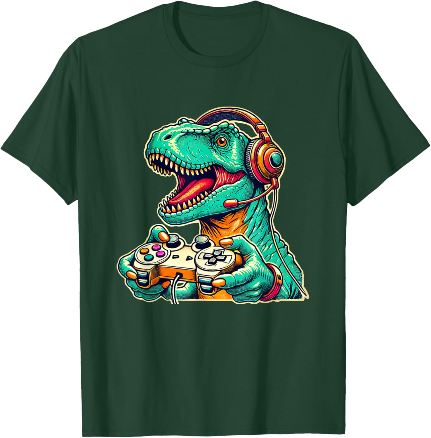 Cool Gamer Dino T-Rex Gamer Dinosaur Gaming T-Shirt - T-Shirt | Forest