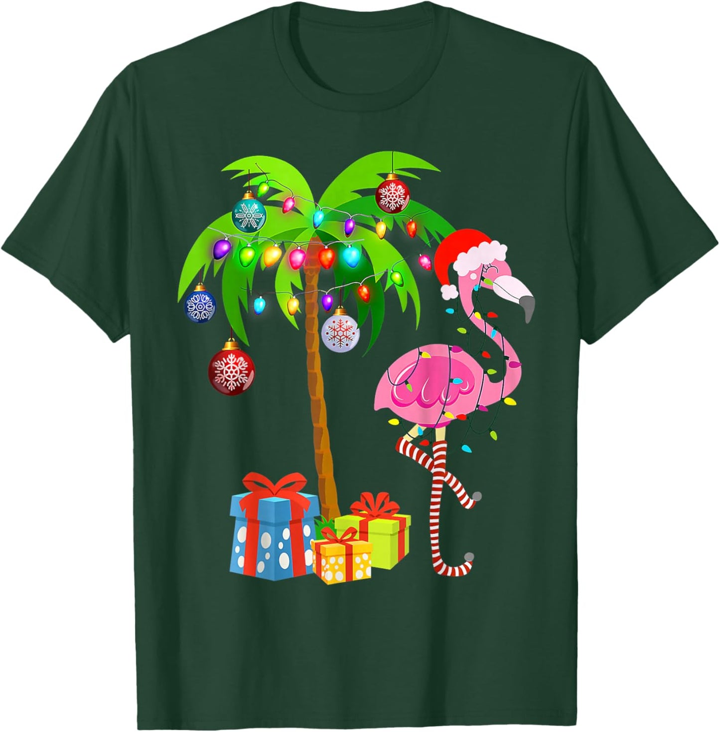 Pink Flamingo Christmas Palm Tree Tropical Xmas Holiday T-Shirt - T-Shirt | Forest