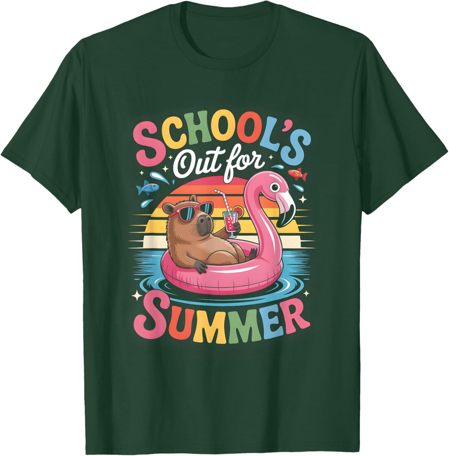 Schools Out For Summer Capybara Funny Animal Lover Design T-Shirt - T-Shirt | Forest