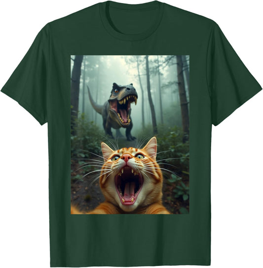 Cat Selfie with T-Rex Dinosaur T-Shirt - T-Shirt | Forest