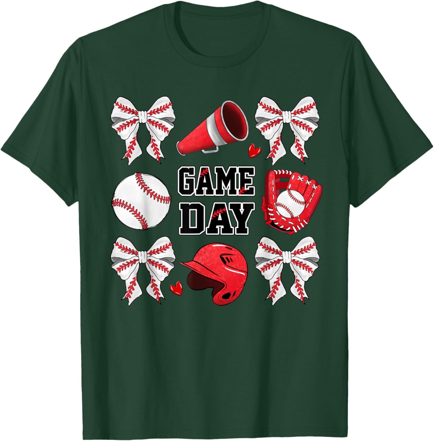 Game Day Baseball Bow Coquette Funny Baseball Lovers T-Shirt - T-Shirt | Forest