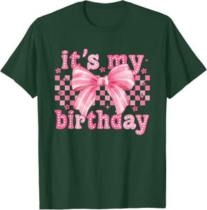 It's My Birthday Coquette Bow Floral Checkered Bday Party T-Shirt - T-Shirt | Forest