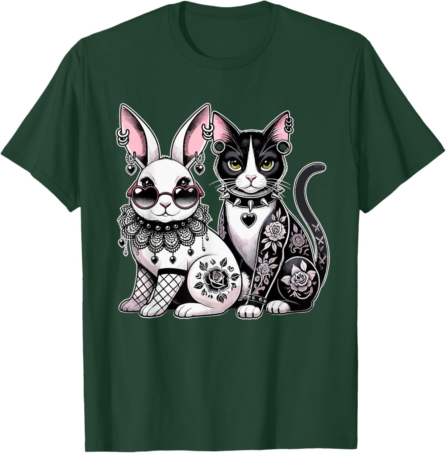 Gothic Punk Cat & Bunny with Tattoos & Piercings T-Shirt - T-Shirt | Forest