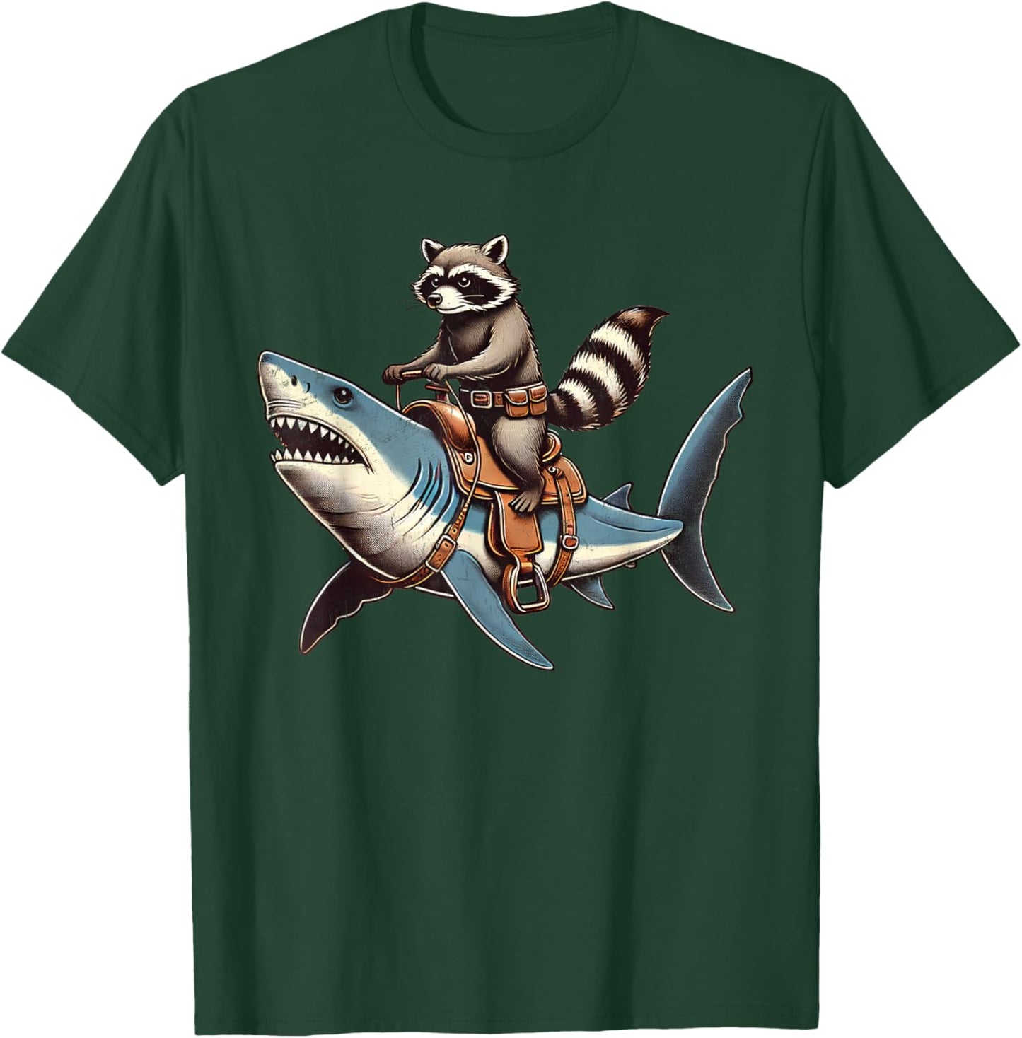Vintage Raccoon Shark Rider Funny Retro Raccoon Riding Shark T-Shirt - T-Shirt | Forest
