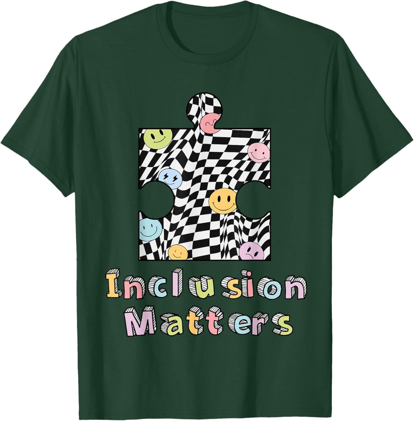 Inclusion Matters Groovy Checkered Puzzle Piece Autism Kids T-Shirt - T-Shirt | Forest