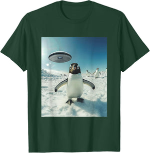 Penguin Bird Selfie with UFOs Aliens Funny Graphic T-Shirt - T-Shirt | Forest