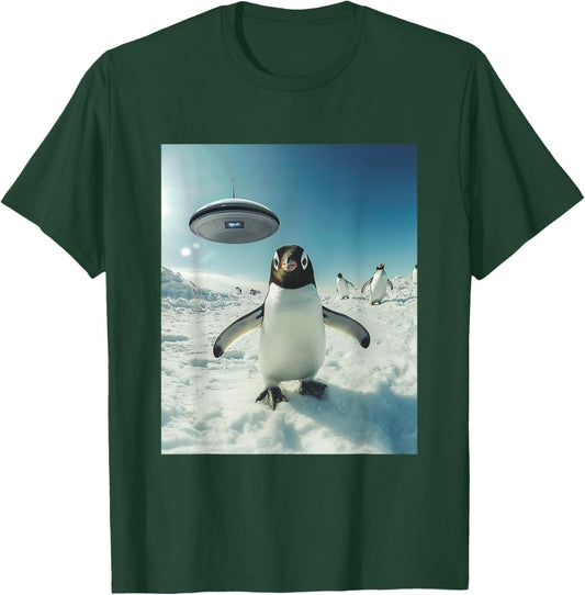 Penguin Bird Selfie with UFOs Aliens Funny Graphic T-Shirt - T-Shirt | Forest