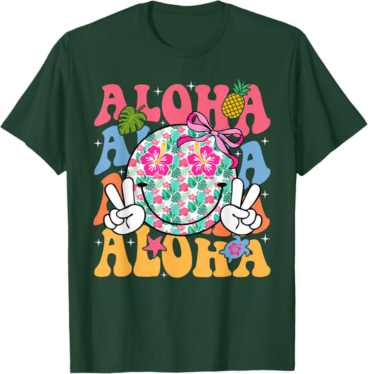Aloha Hawaiian Cute Smile Face Shaka Hibiscus Kids Girls T-Shirt - T-Shirt | Forest