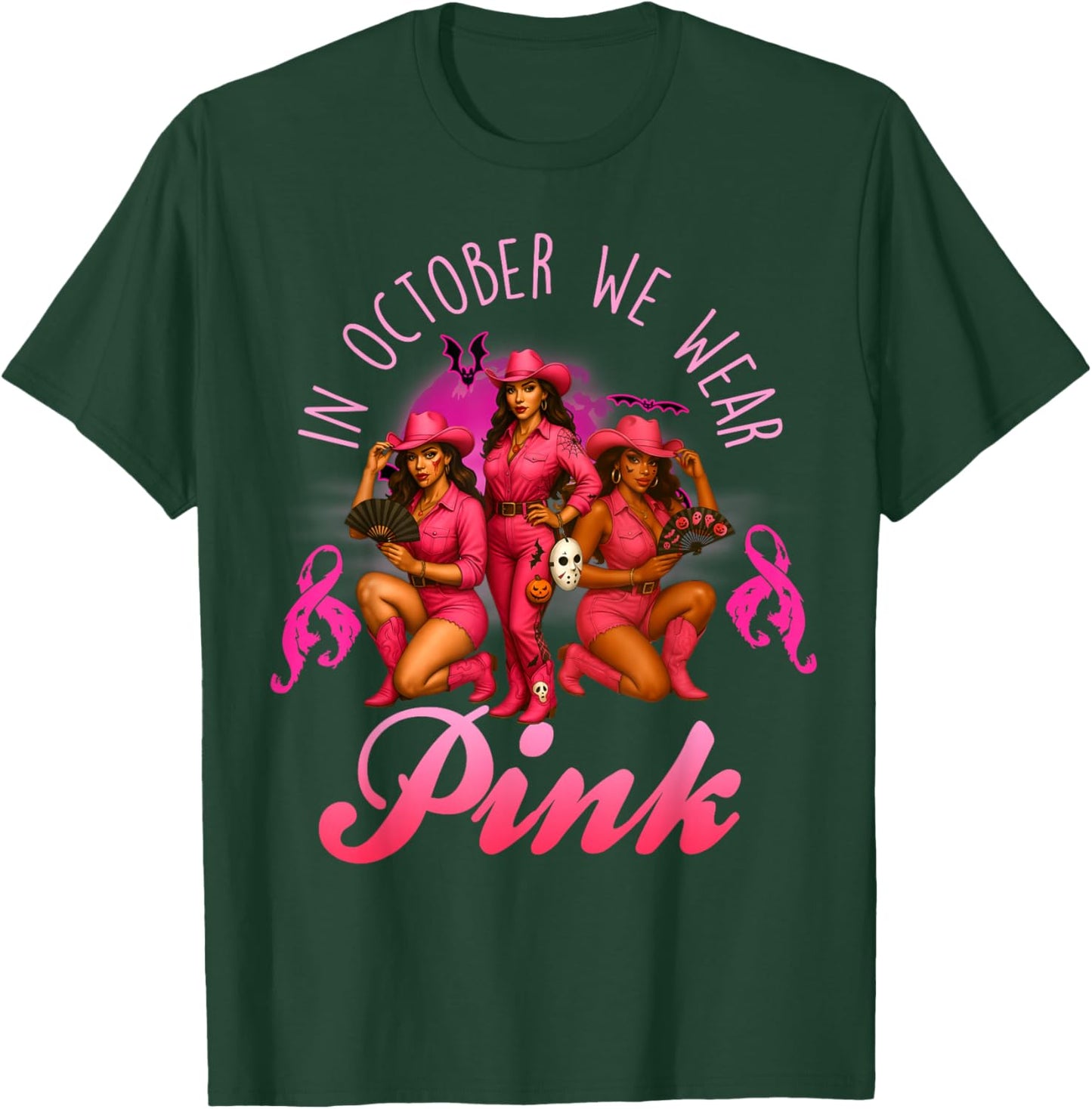 in October We Wear Pink Breast Cancer Halloween Cowgirl T-Shirt - T-Shirt | Forest