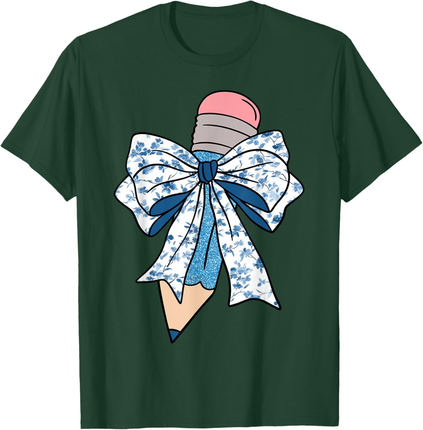 Pencil Teacher Coquette Toile Blue Bow Floral Pattern T-Shirt - T-Shirt | Forest