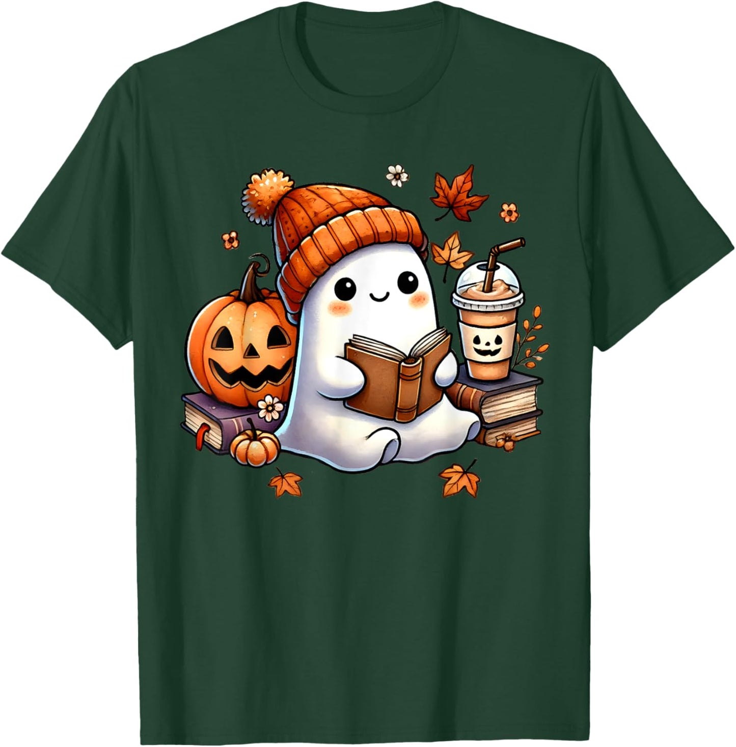 Cute Ghost Reading Book Lovers Halloween Ghost Coffee Women T-Shirt - T-Shirt | Forest