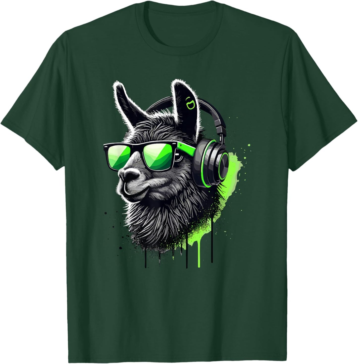 Lama Sunglasses Headphones Alpaca Lamas T-Shirt - T-Shirt | Forest