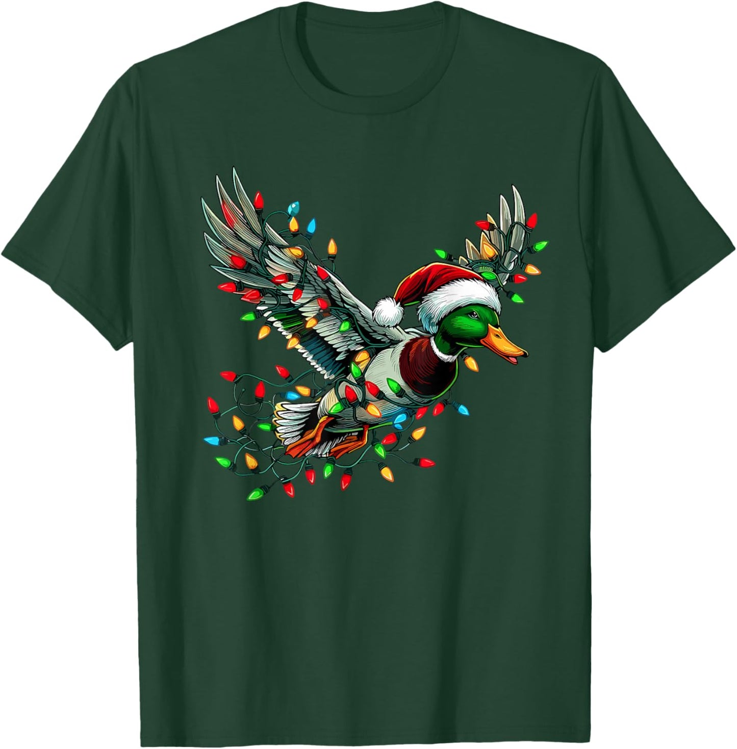 Flying Santa Duck with Christmas Lights Hunting Season T-Shirt - T-Shirt | Forest