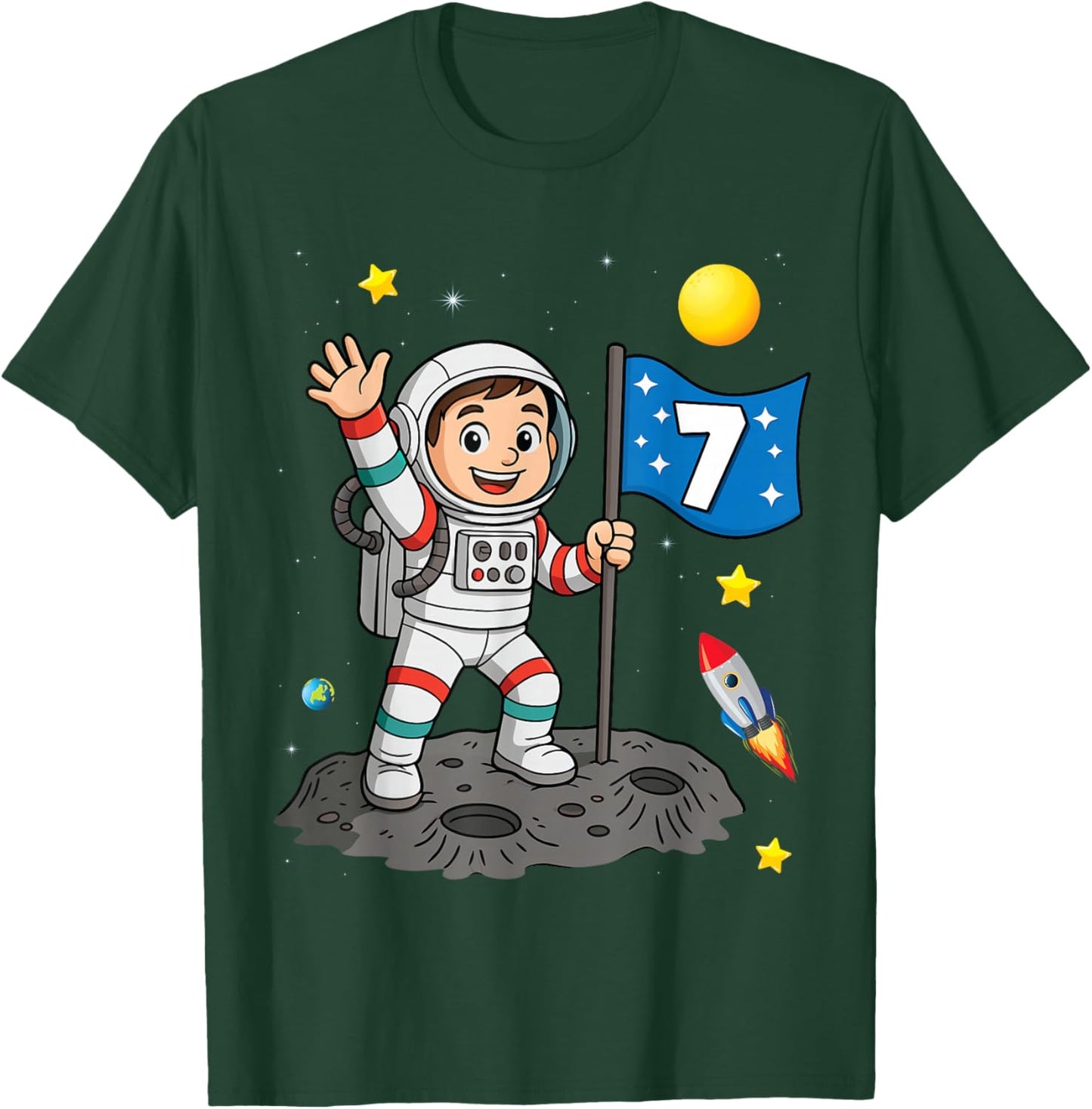 7yr 7th Boys Girls Astronaut Space Birthday 7 Years Old T-Shirt - T-Shirt | Forest