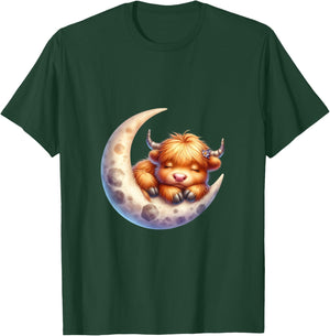 Cute Baby Highland Cow Sleeping on the Moon Heifer Farm T-Shirt - T-Shirt | Forest
