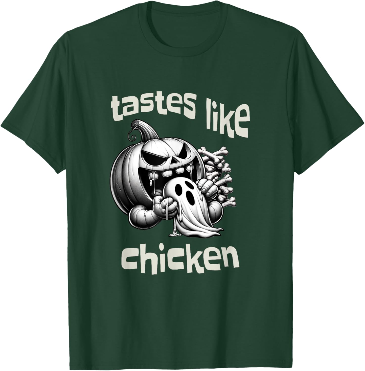 Funny Halloween Pumpkin Eating Ghost Tastes Like Chicken T-Shirt - T-Shirt | Forest