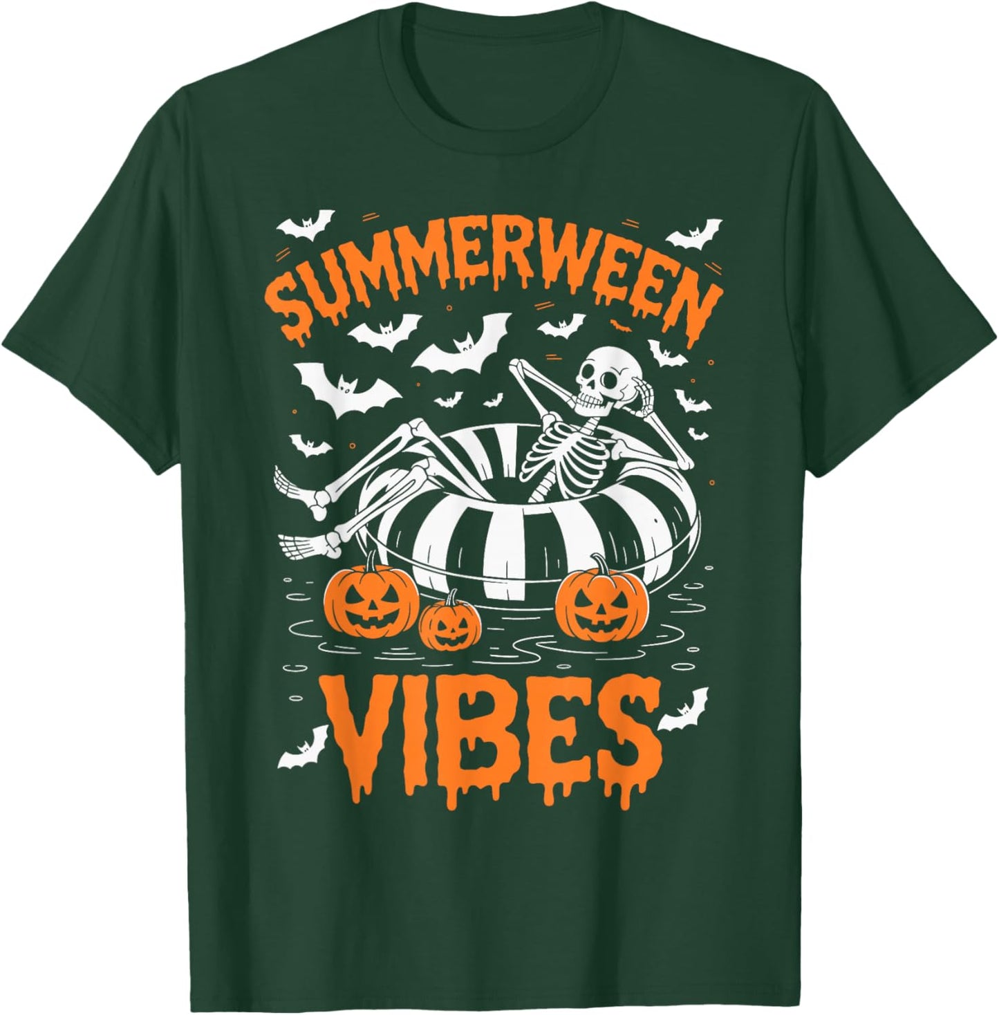 Summerween Vibes Skeleton Floating Pool Pumpkin Halloween T-Shirt - T-Shirt | Forest