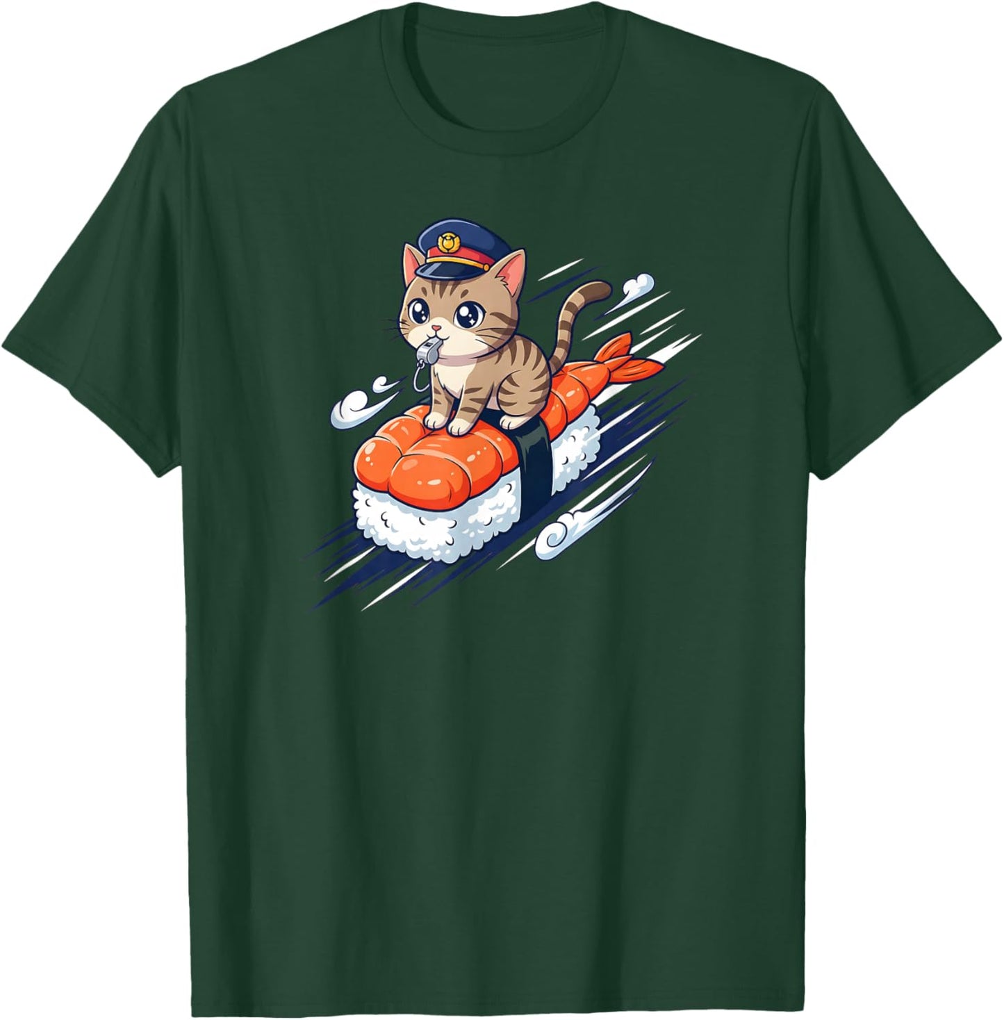 Cute Cat Conductor Riding Shrimp Sushi Train Kawaii Anime T-Shirt - T-Shirt | Forest