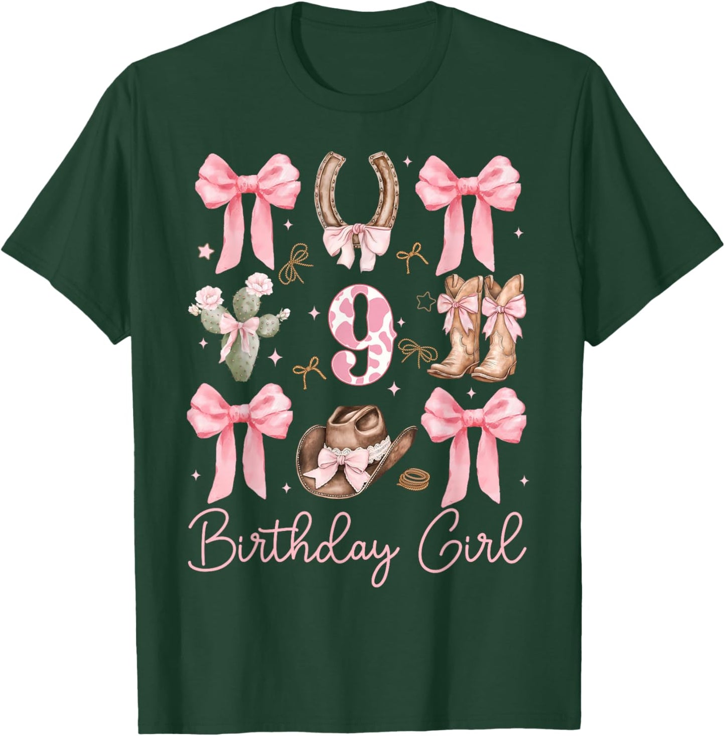9th Birthday Girl Cowgirl Coquette Bow 9 Year Old Western T-Shirt - T-Shirt | Forest