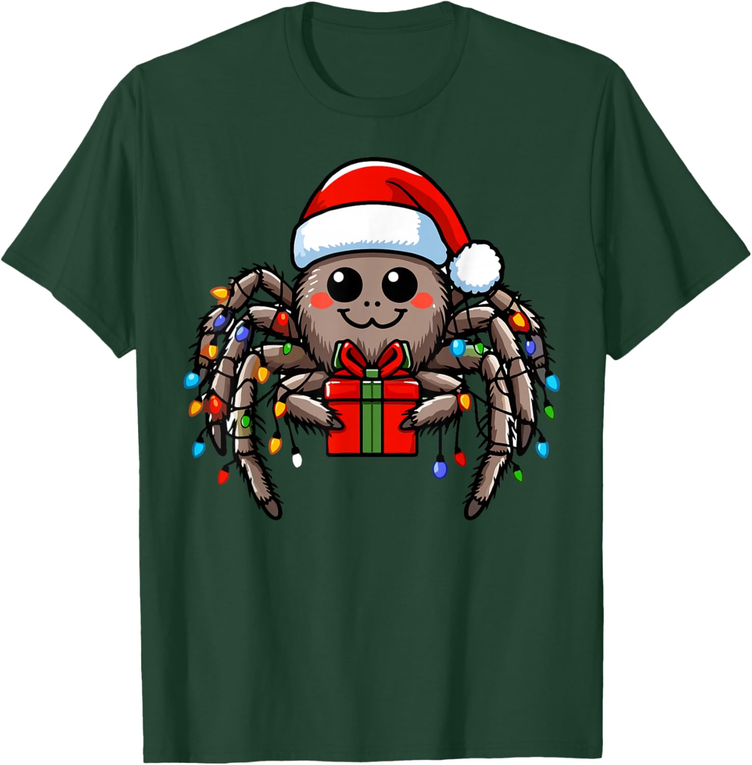 Spider Wearing Santa Claus Hat Holding A Present Box Xmas T-Shirt - T-Shirt | Forest