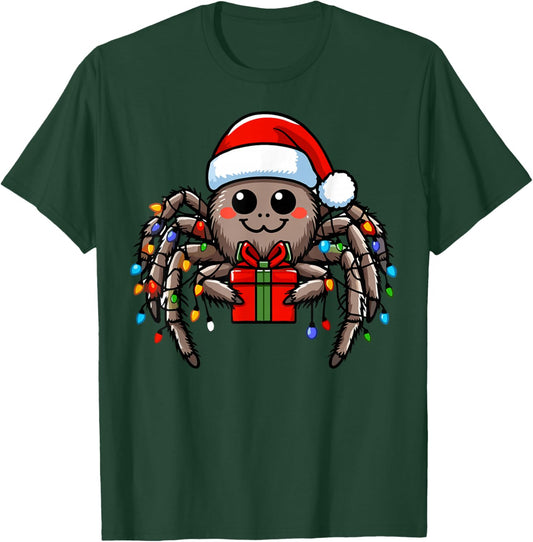 Spider Wearing Santa Claus Hat Holding A Present Box Xmas T-Shirt - T-Shirt | Forest