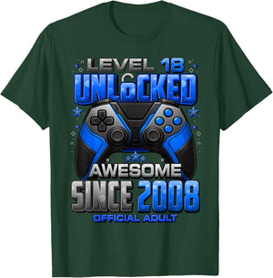Level 18 Unlocked Awesome Since 2008 18th Birthday Gaming T-Shirt - T-Shirt | Forest