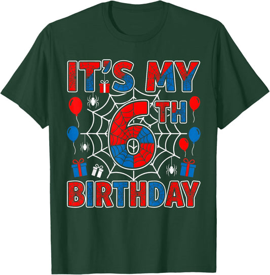Its My 6th Birthday Boy 6 Year Old Spider Web Birthday Party T-Shirt - T-Shirt | Forest