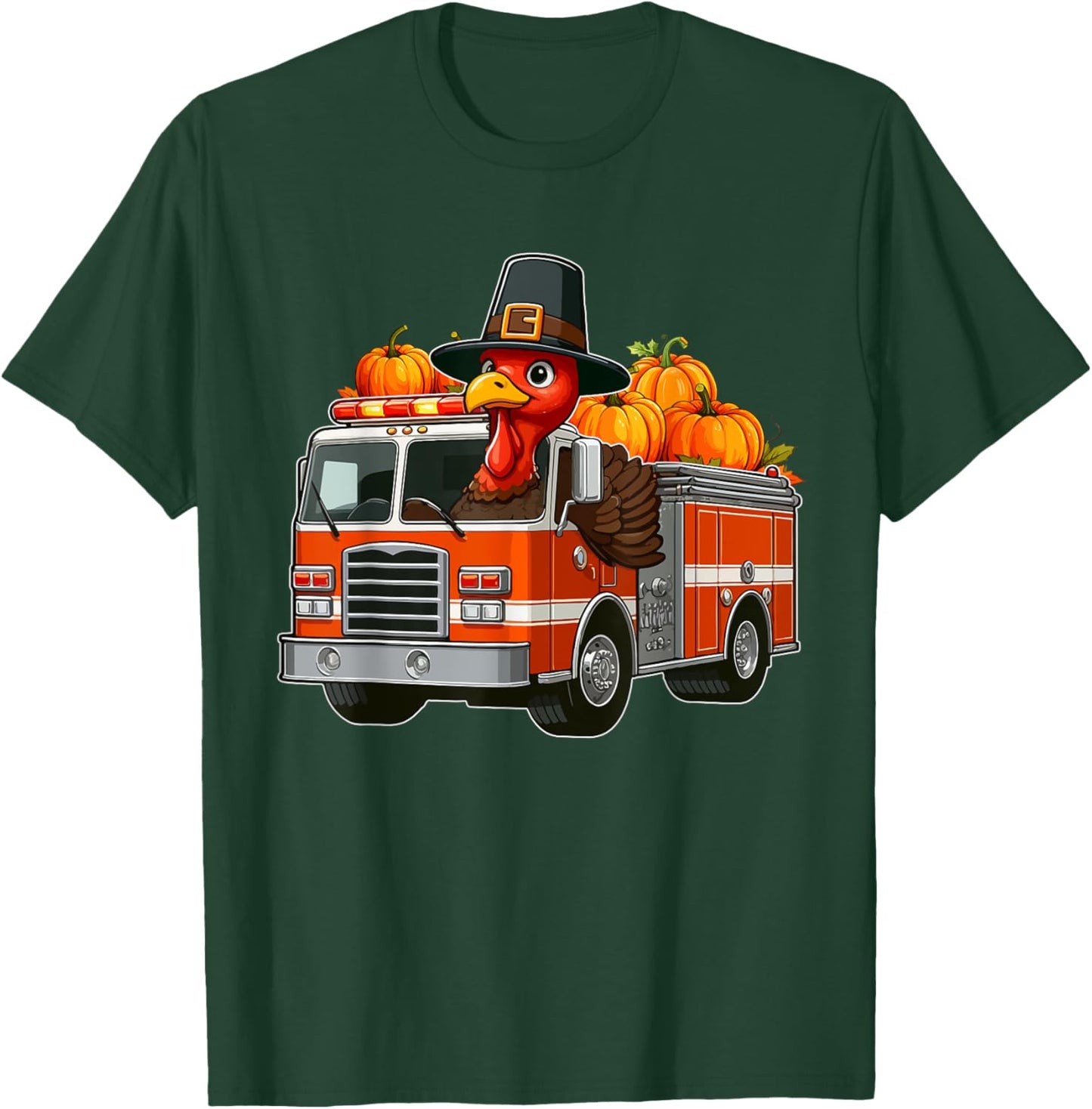 Turkey Driving Fire Truck Thanksgiving Driver Fall Pumpkins T-Shirt - T-Shirt | Forest