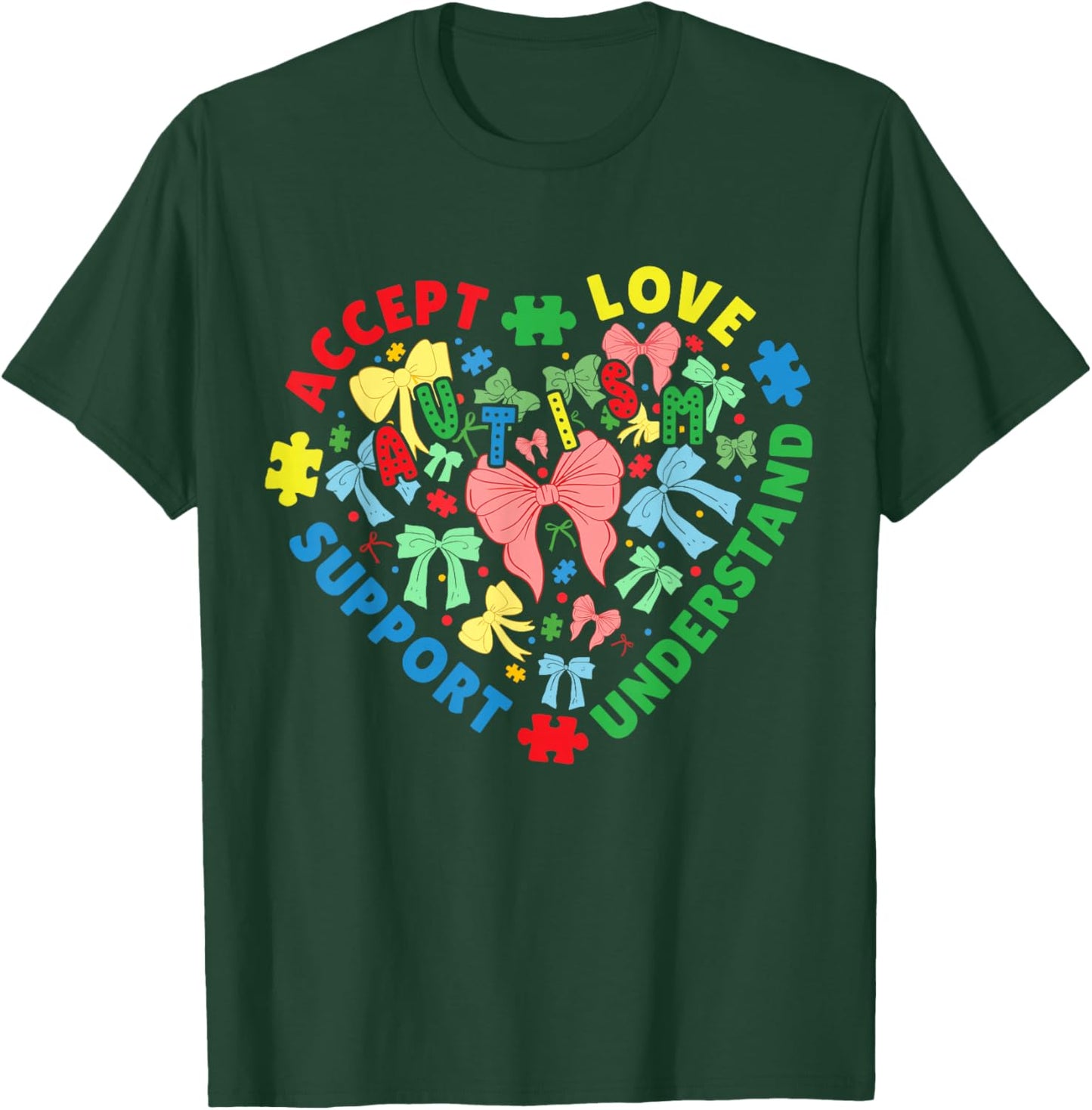 Autism Awareness Heart Coquette Bow Autism Support Women T-Shirt - T-Shirt | Forest