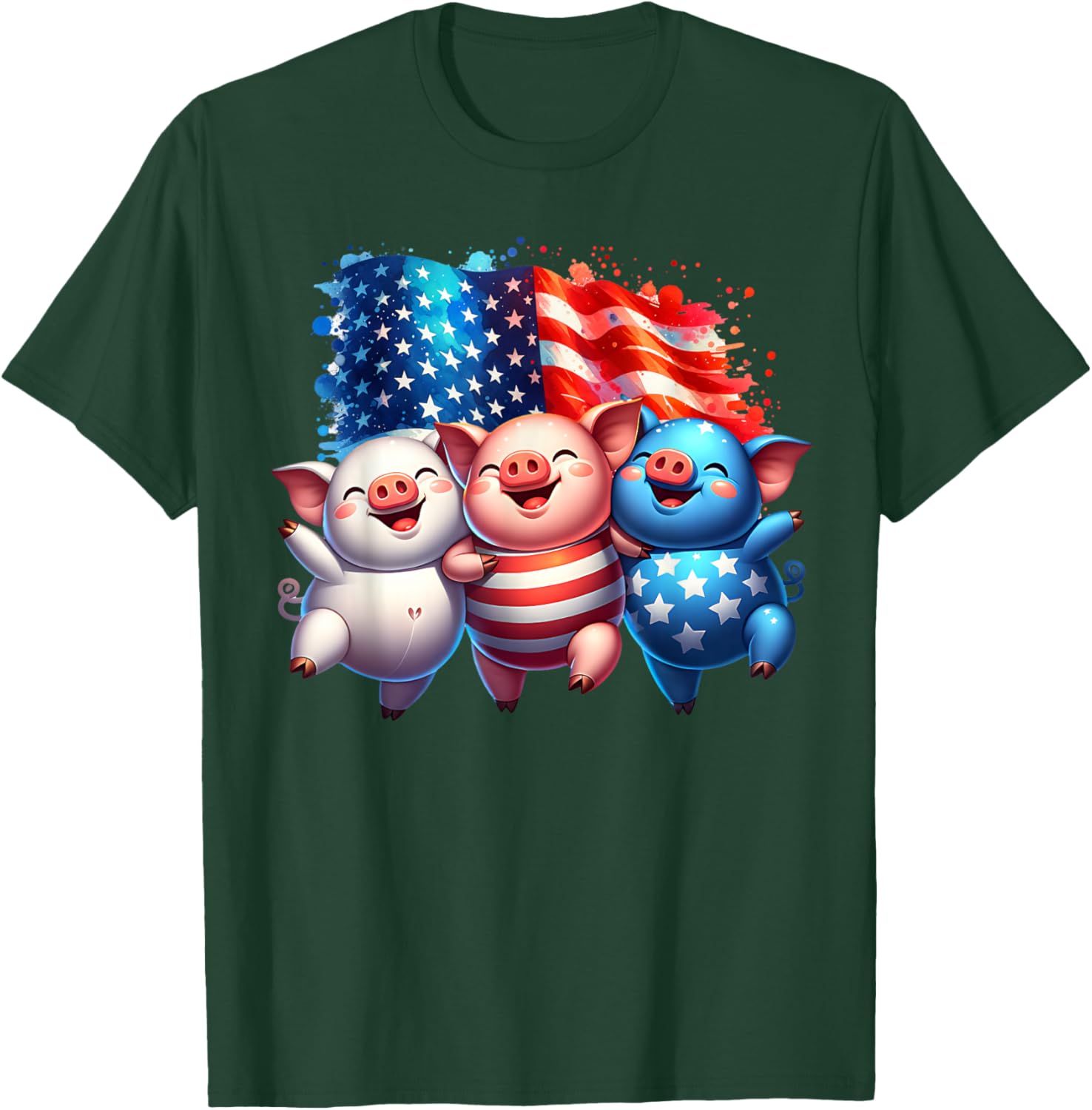 4th of July Funny Patriotic Pigs USA Flag Red White Blue T-Shirt - T-Shirt | Forest