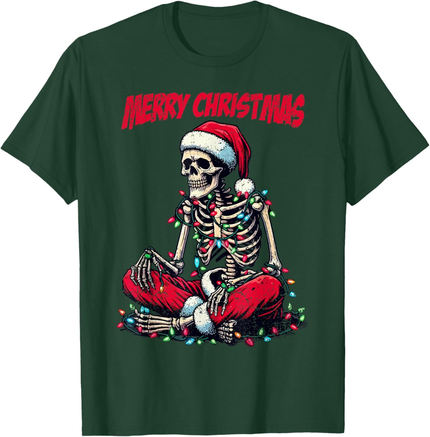 Skeleton Santa Hat Merry Christmas X-mas Lights Holiday T-Shirt - T-Shirt | Forest