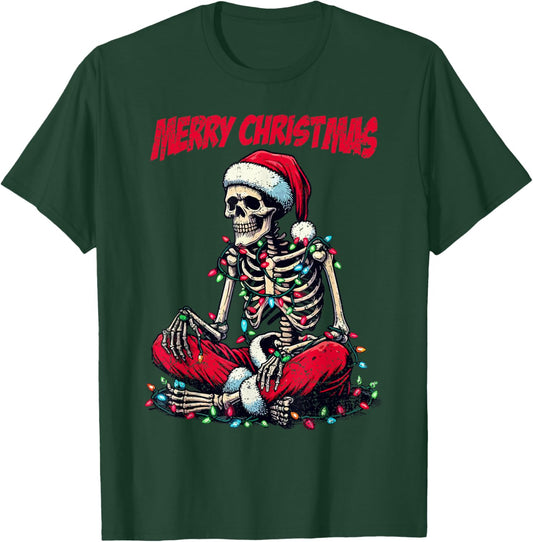 Skeleton Santa Hat Merry Christmas X-mas Lights Holiday T-Shirt - T-Shirt | Forest