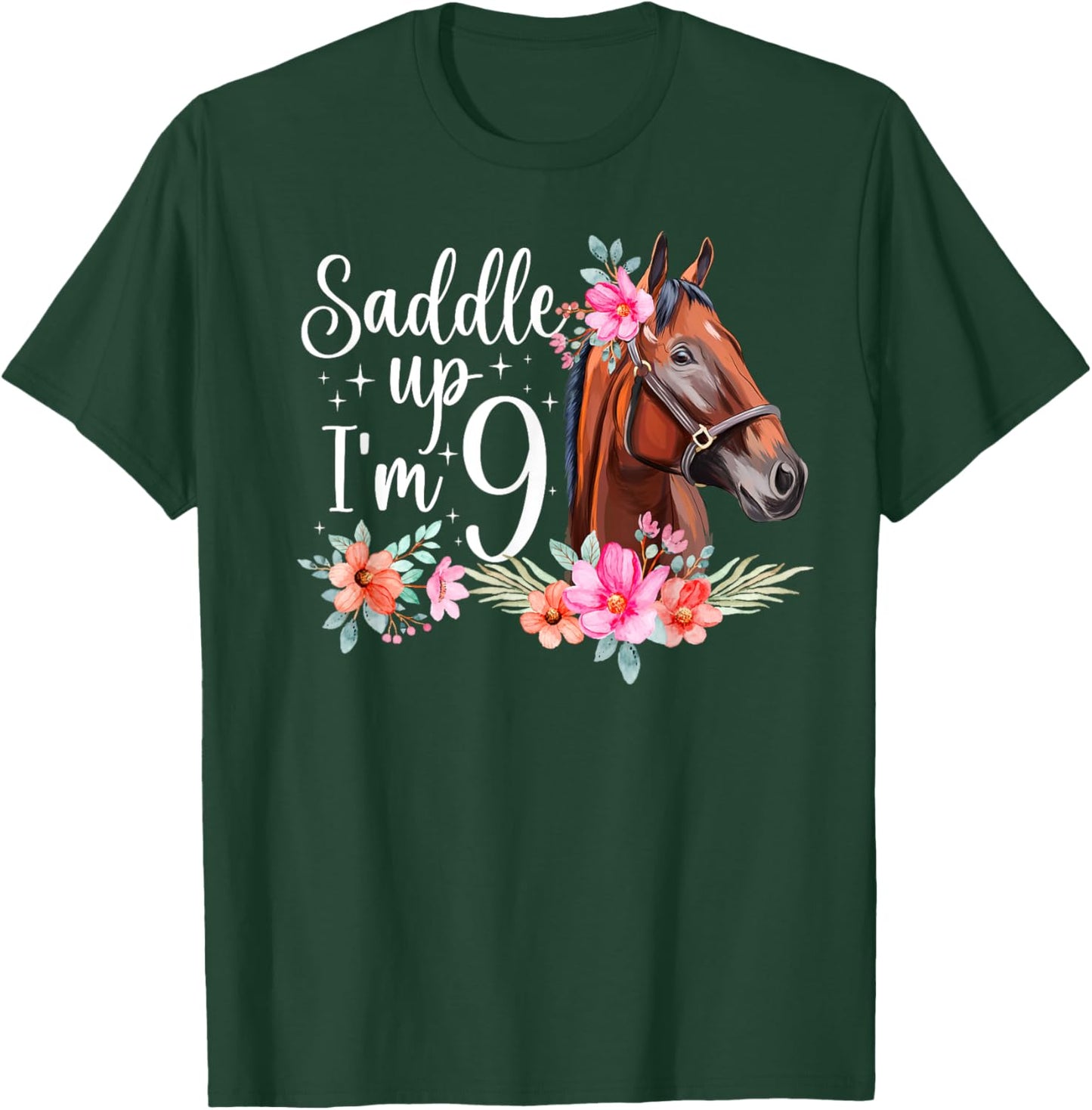 9th Horse Birthday Nine Year Old Girl Horses Birthday T-Shirt - T-Shirt | Forest
