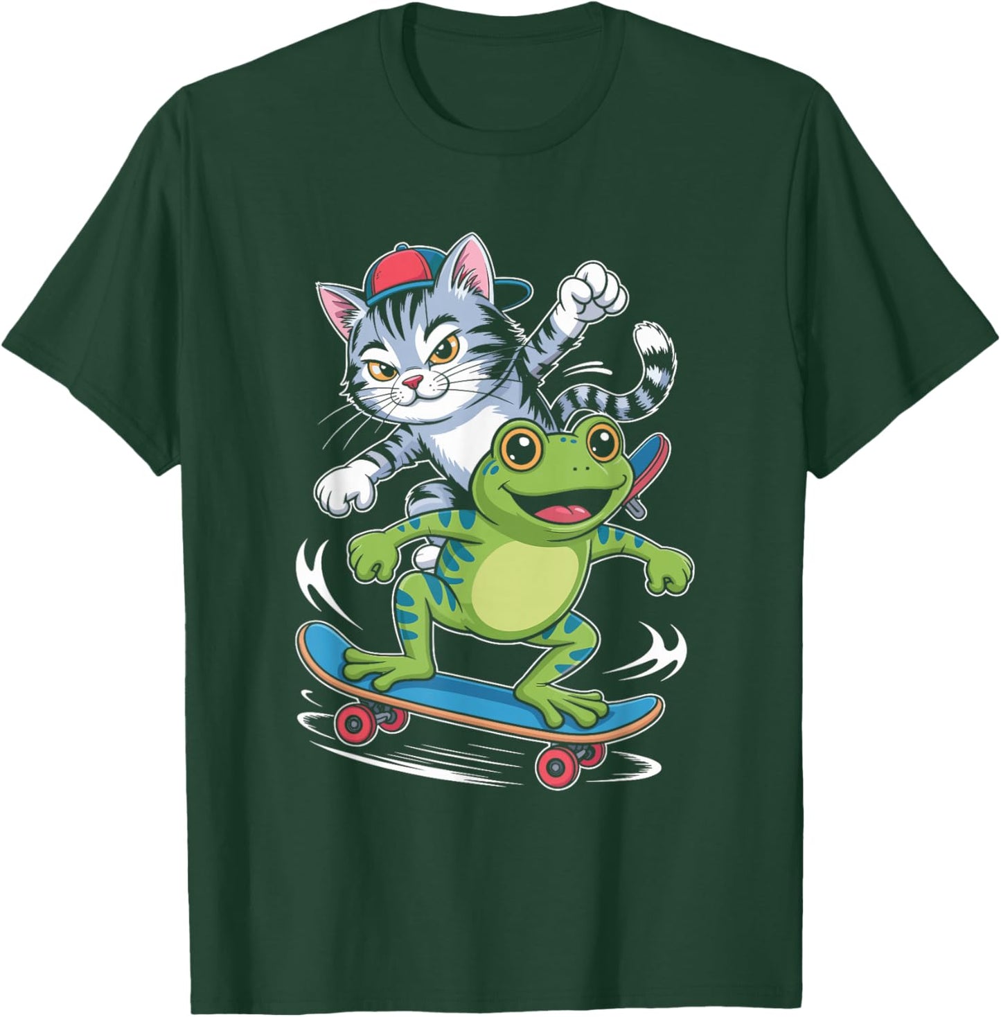 Skateboarding Cat with Frog Sidekick Line Art T-Shirt - T-Shirt | Forest