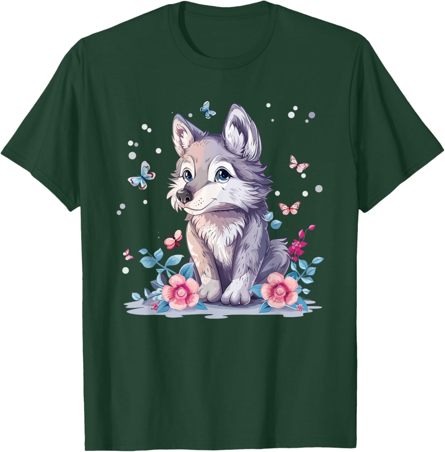 Cute Wolf With Flowers I Kids Wolf T-Shirt - T-Shirt | Forest