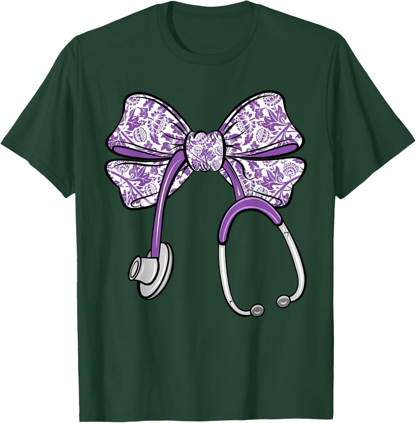 Cute Floral Coquette Purple Nurse Bow Ribbon Stethoscope RN T-Shirt - T-Shirt | Forest