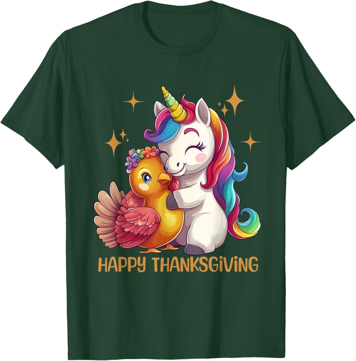 Happy Thanksgiving Shirt Girls Fall Unicorn Hugging Turkey T-Shirt - T-Shirt | Forest