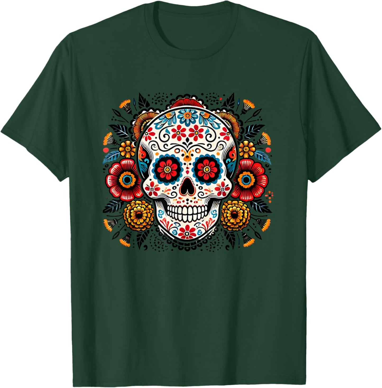 Sugar Skull Floral Art Men Women T-Shirt - T-Shirt | Forest