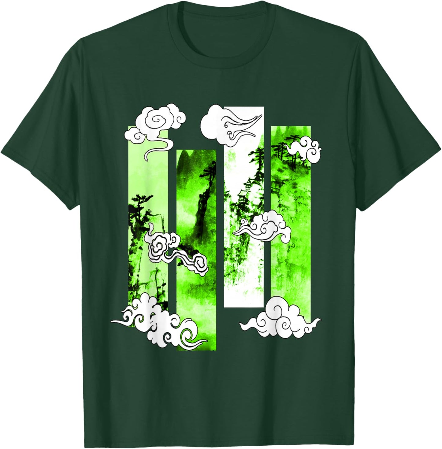 Green Japanese Cliffs Scene Green Graphic T-Shirt - T-Shirt | Forest