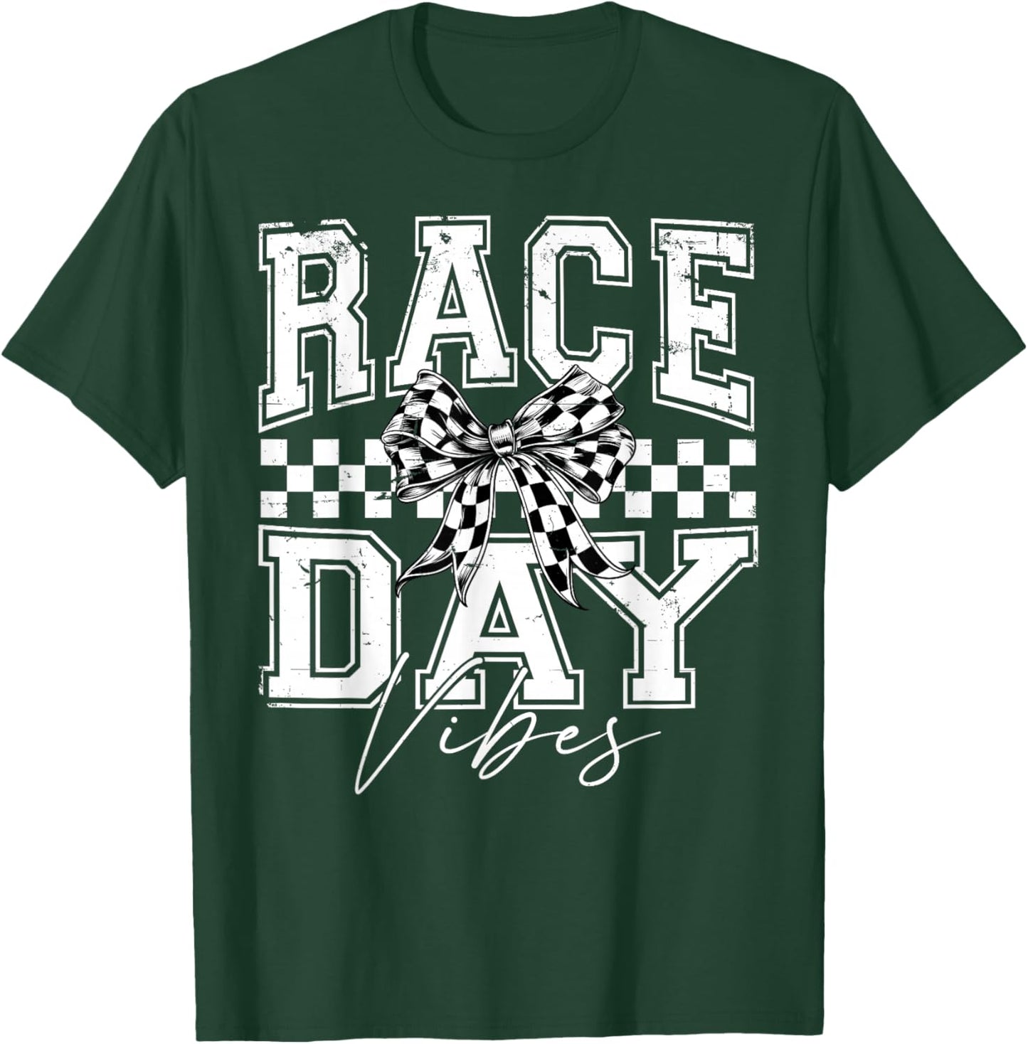 Race Day Vibes Checkered Coquette Bow Car Racing Men Women T-Shirt - T-Shirt | Forest