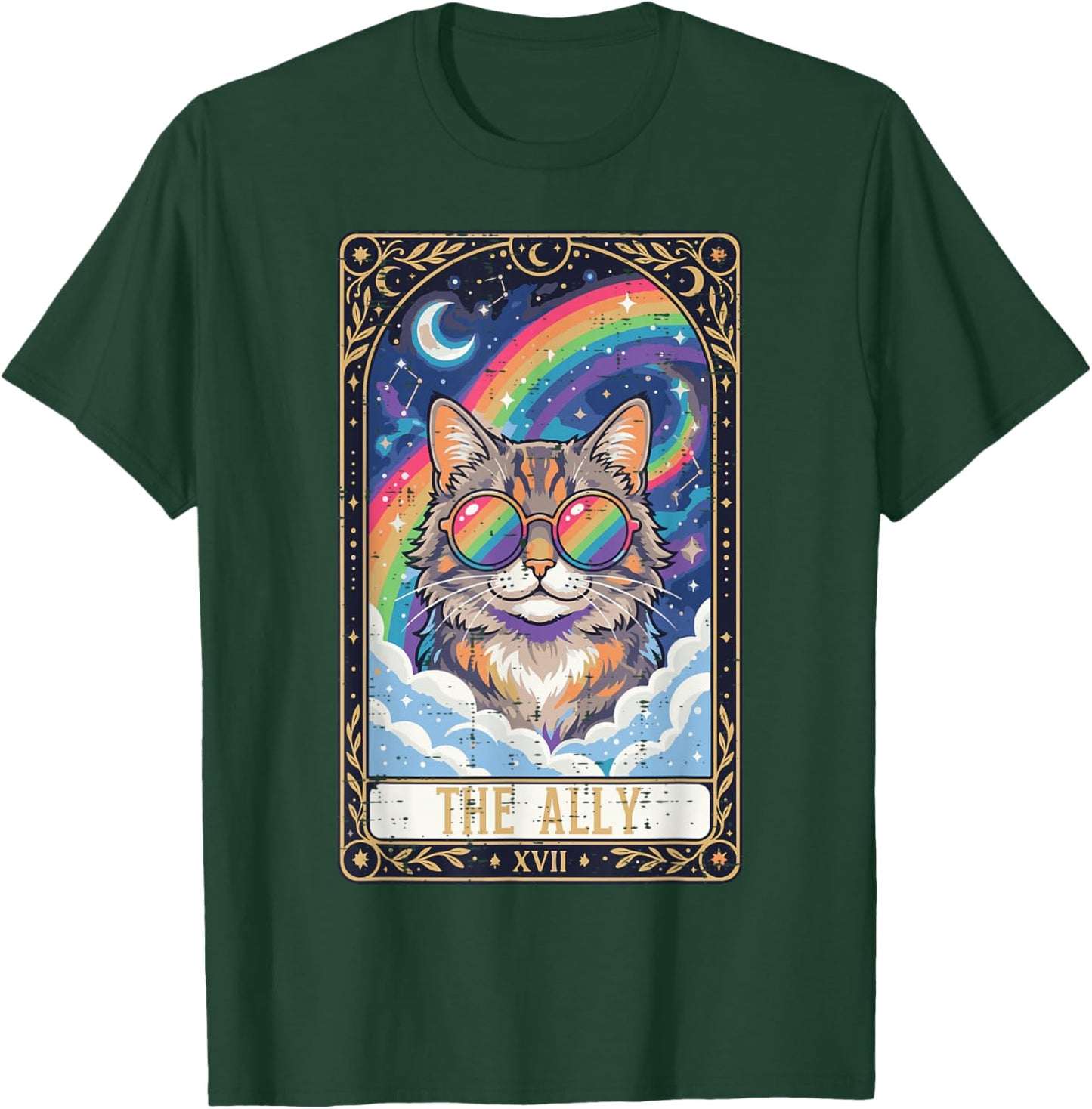 Ally Cat Sunglasses Rainbow Tarot Gay Pride LGBTQ Women Men T-Shirt - T-Shirt | Forest
