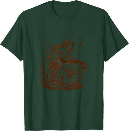 Western Wild West Rodeo Fishing Lover Cowgirls Riding Fish T-Shirt - T-Shirt | Forest