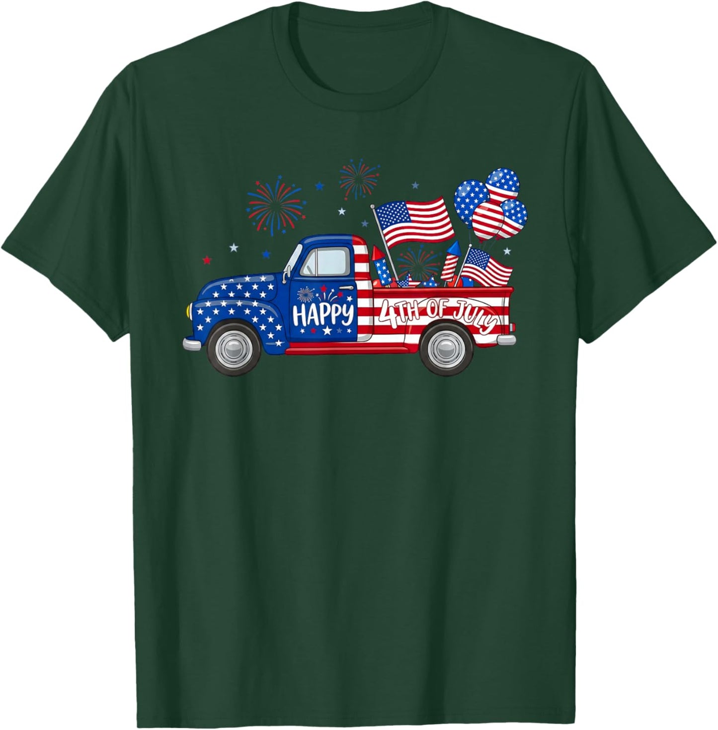 Classic Patriotic Truck Happy 4th of July USA Flag Farmhouse T-Shirt - T-Shirt | Forest