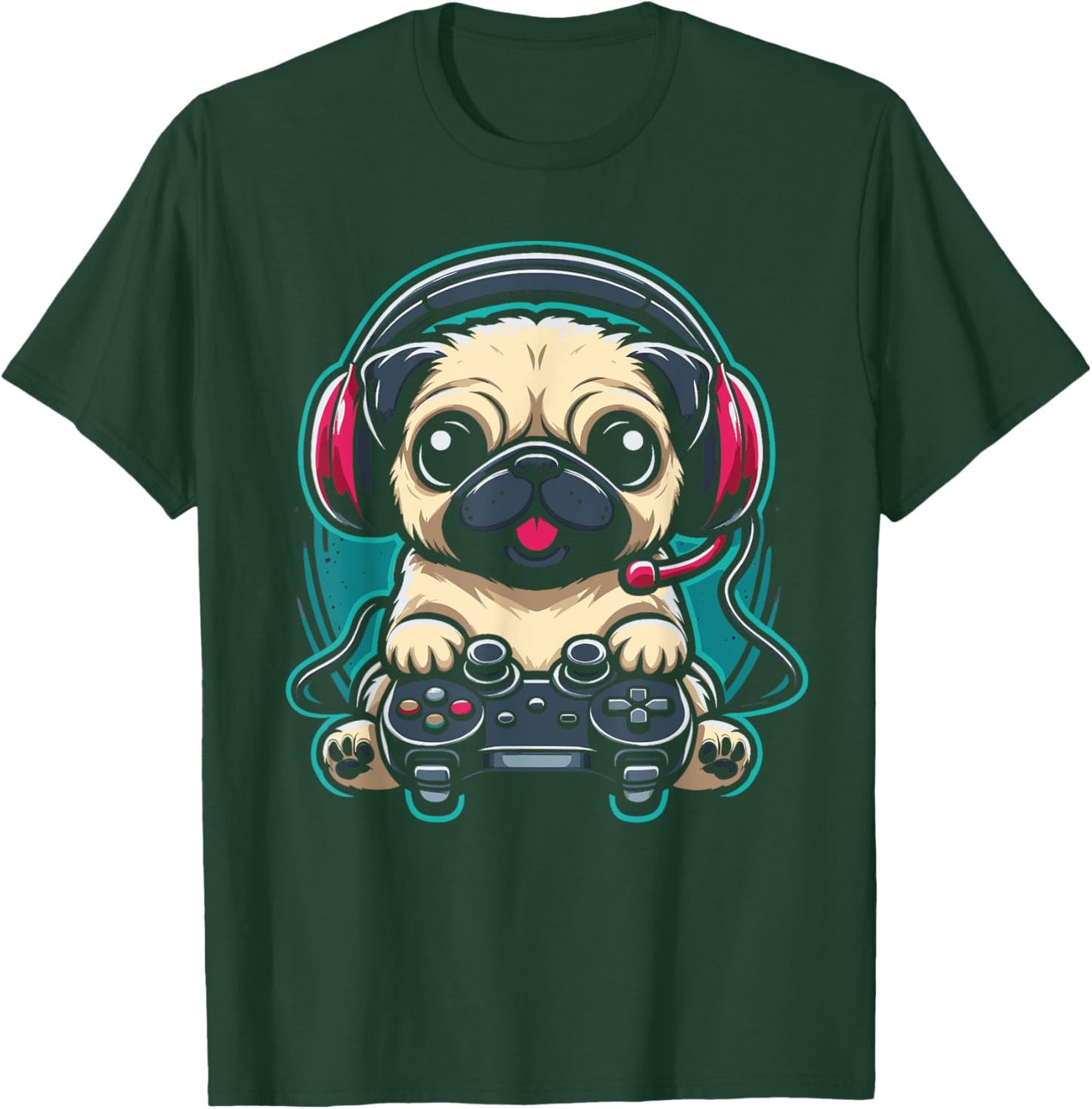 Gamer Pug Playing Video Games Gaming T-Shirt - T-Shirt | Forest