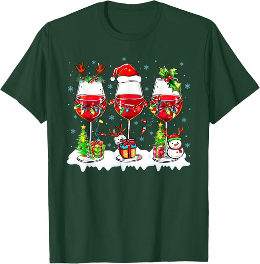 Wine Glass Santa Hat Xmas Funny Christmas 2025 Men Women T-Shirt - T-Shirt | Forest